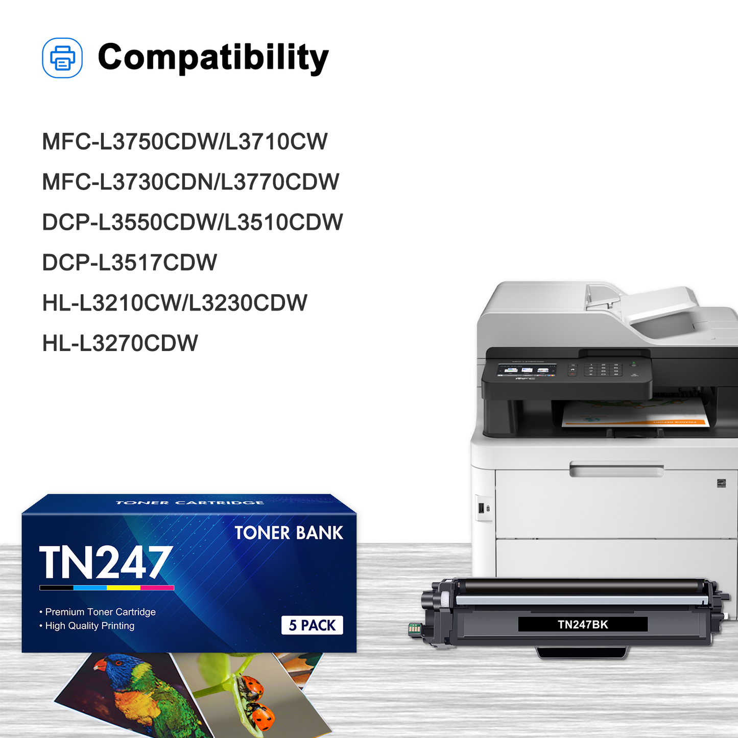Toner Bank Compatible for Brother TN-243CMYK Toner Value Pack TN247 for Brother DCP-L3550CDW DCP-L3510CDW HL-L3210CW HL-L3230CDW MFC-L3750CDW MFC-L3710CW TN243CMYK Black Cyan Yellow Magenta 5-Pack