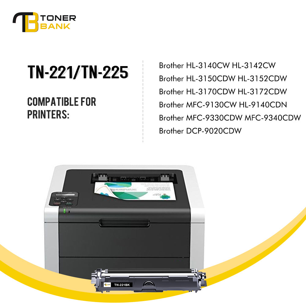 TN221 TN225 Toner Cartridge 4-Pack Compatible for Brother TN-221 TN-225 HL-3140CW HL-3142CW HL-3150CDW 3152CDW 3170CDW 3172CDW MFC-9130CW 9140CDN 9330CDW 9340CDW DCP-9020CDW Black Cyan Magenta Yellow