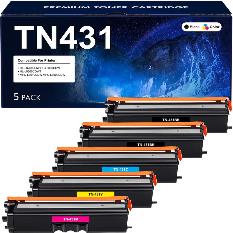 TN431 Toner Cartridge 5-Pack Compatible for Brother TN433 TN431 TN436 TN431BK TN433BK for HL-L8360Cdw MFC-L8900Cdw HL-L8260Cdw MFC-L8610Cdw Printer Ink (Black Cyan Magenta Yellow)