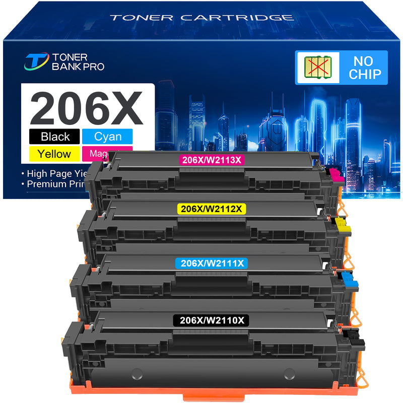 206X 206A Toner Cartridges No Chip 4 Pack High Yield Compatible for HP 206X 206A W2110X W2110A Color Laserjet Pro MFP M283fdw M283cdw M282nw M283 M282 Printer Ink (Black Cyan Magenta Yellow)