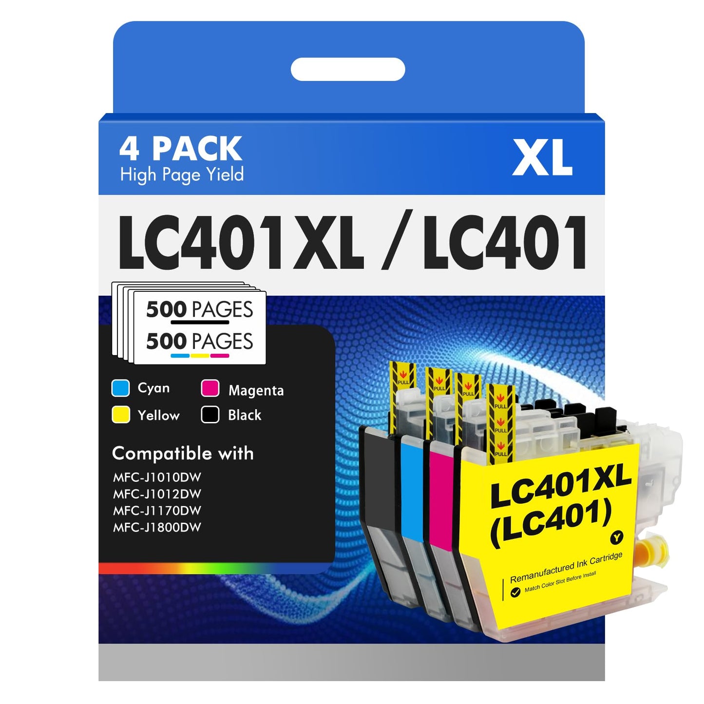 LC401 LC401XL MFC-J1010DW Ink Cartridges for Brother Printer LC 401 401XL for MFC-J1010DW MFC-J1170DW MFC-J1012DW MFC-J1800DW MFC J1010DW - 4 Pack High Yields Black Cyan Magenta Yellow
